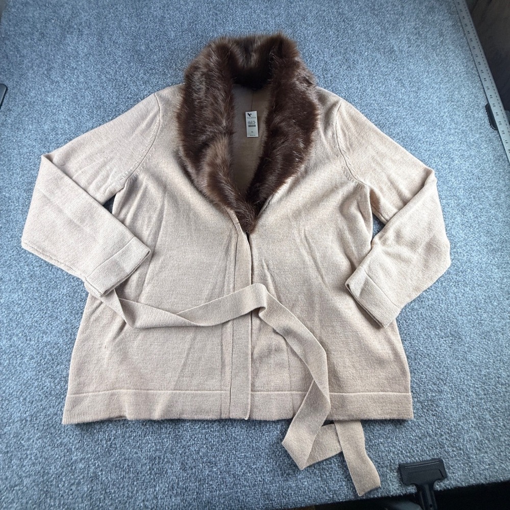 Talbots Faux Fur Collar Wrap Cardigan Sweater Tan Brown Belted XL New $169